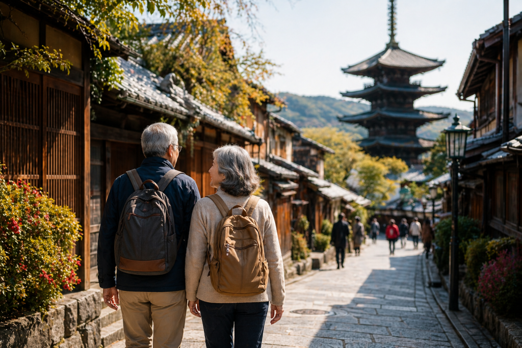 Calm Japan street scene representing thoughtful travel for older adults