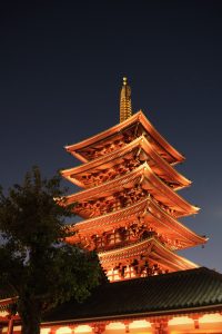 Illuminated five-story pagoda at Senso-ji Temple in Tokyo during an evening visit