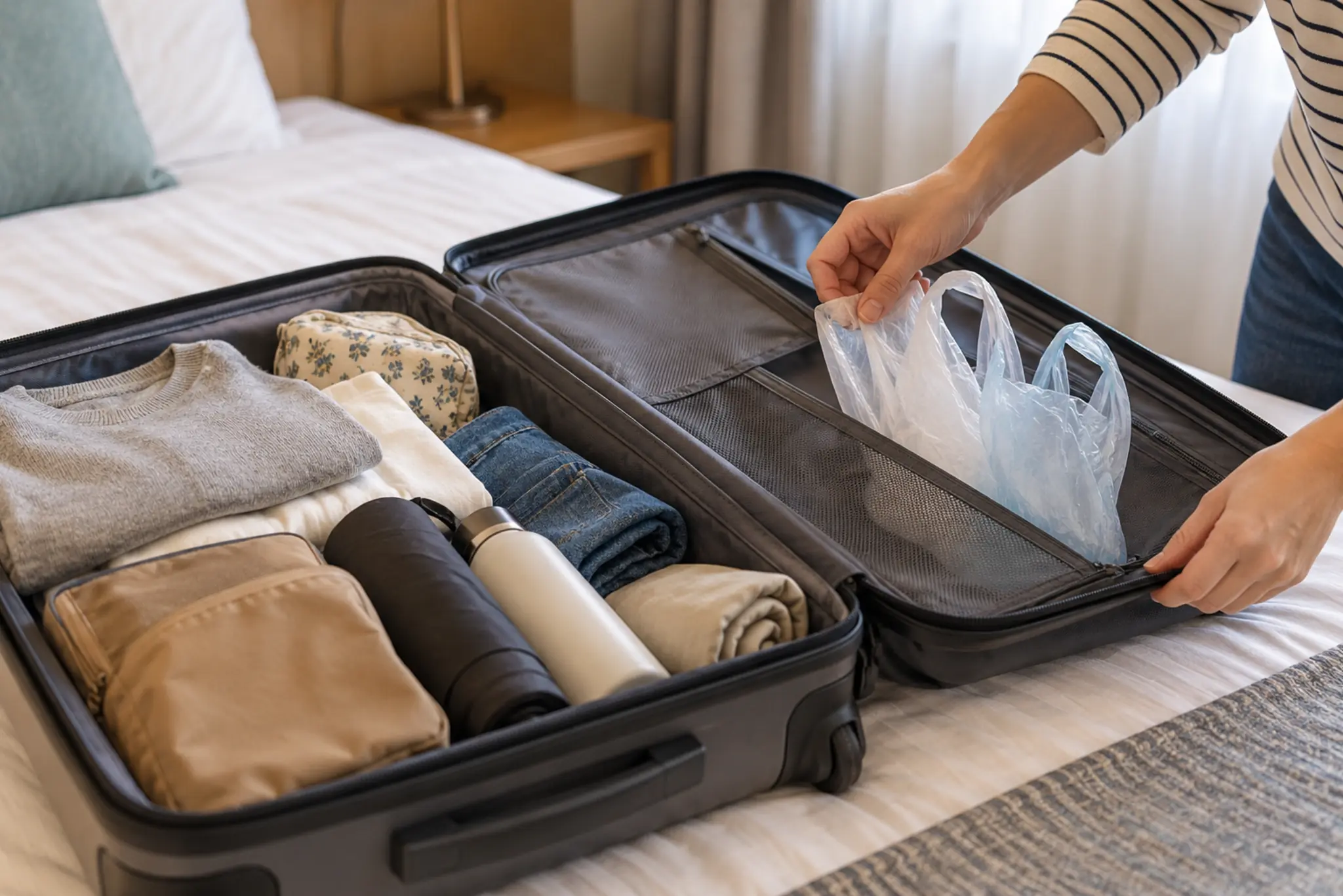 Traveler packing two plastic shopping bags into an open suitcase with folded clothes.