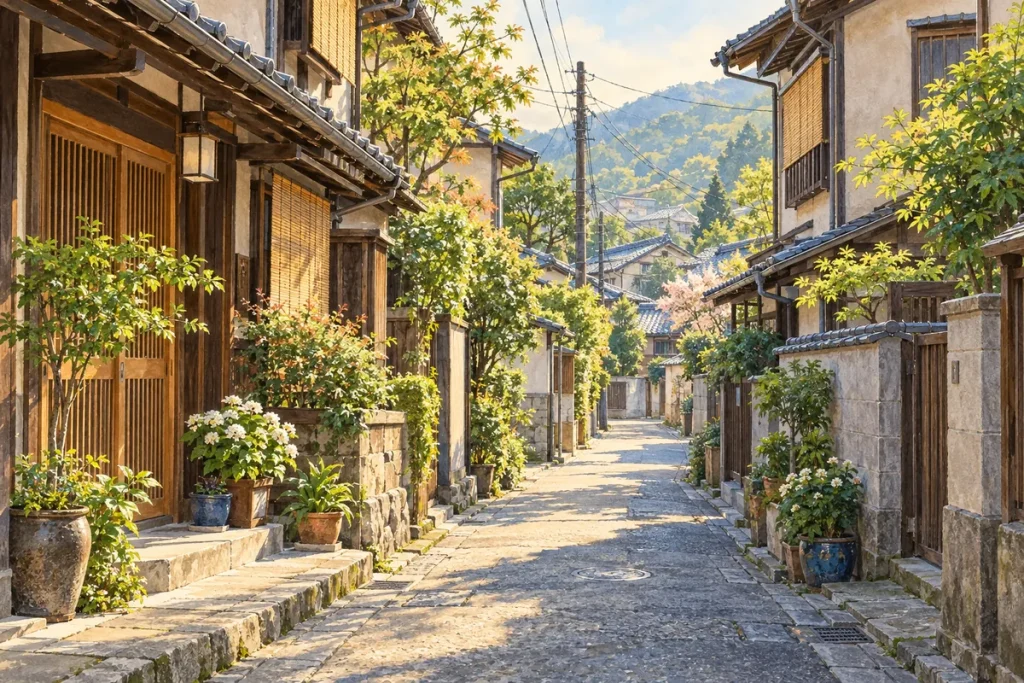Illustration of a quiet Japanese neighborhood street with traditional houses and potted plants in morning light.